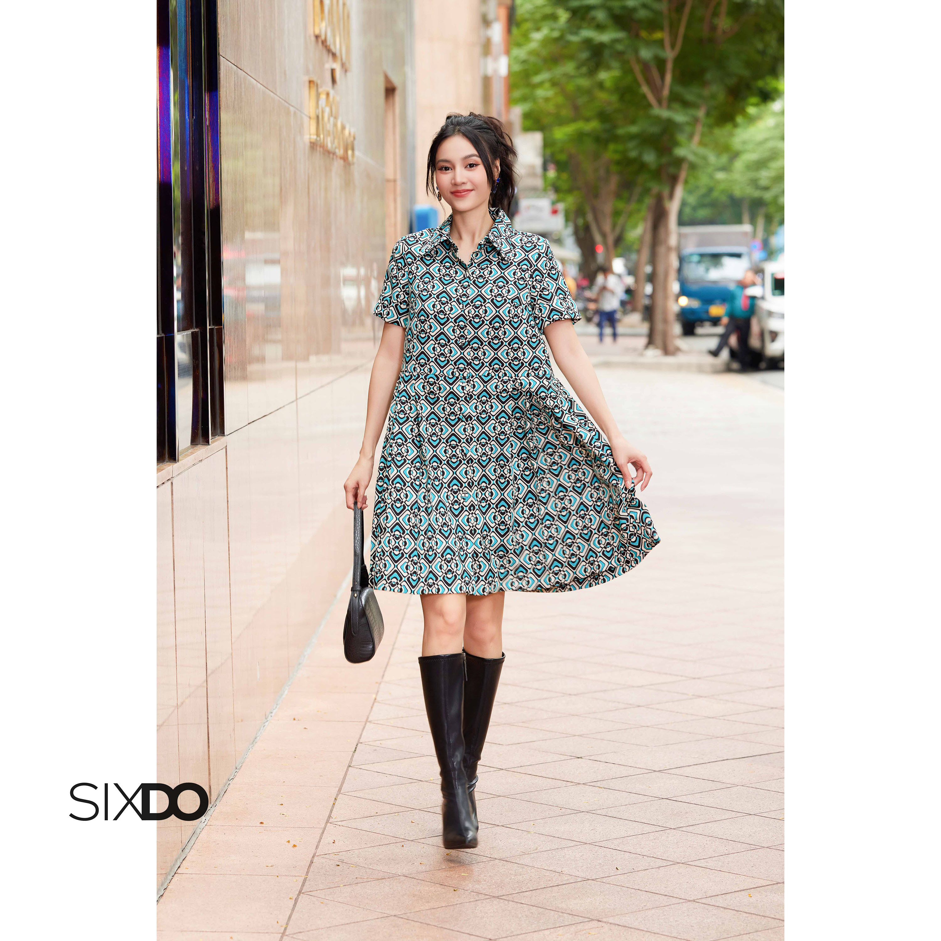 Đầm babydoll thô geomitric SIXDO (Blue Geomitric Midi Raw Dress)