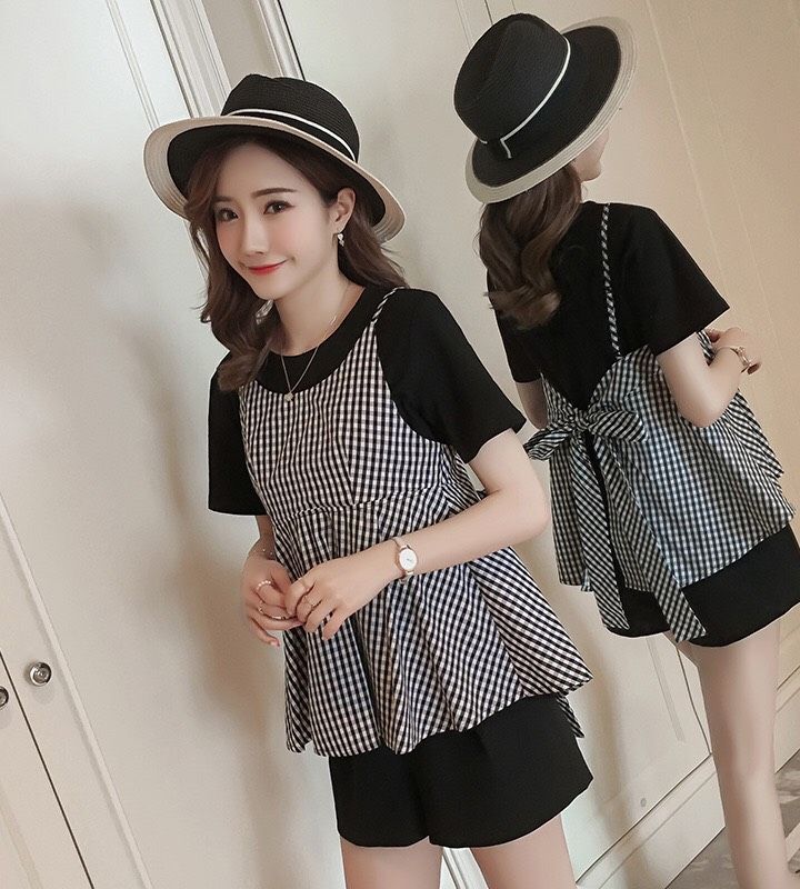 Bộ bầu MÙA HÈ quần đùi áo kẻ tùy chỉnh có mặc ở nhà