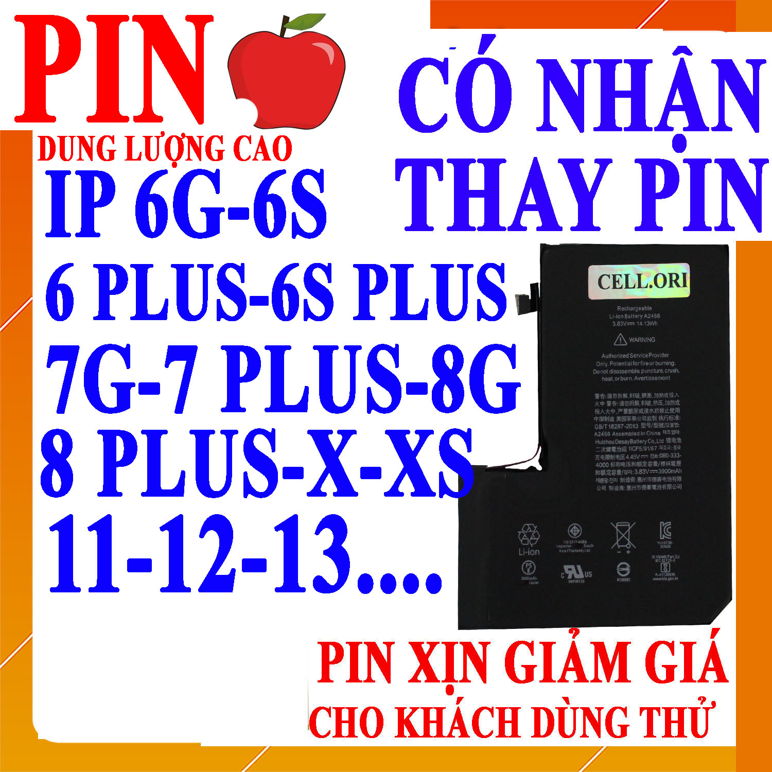 Pin dung lượng cao cho táo ip 6/7/6s/6s plus/7 plus/8/8 plus/x/xr/xs max/11/11 pro/11 pro max/12/12 pro/12 pro max/12 mini