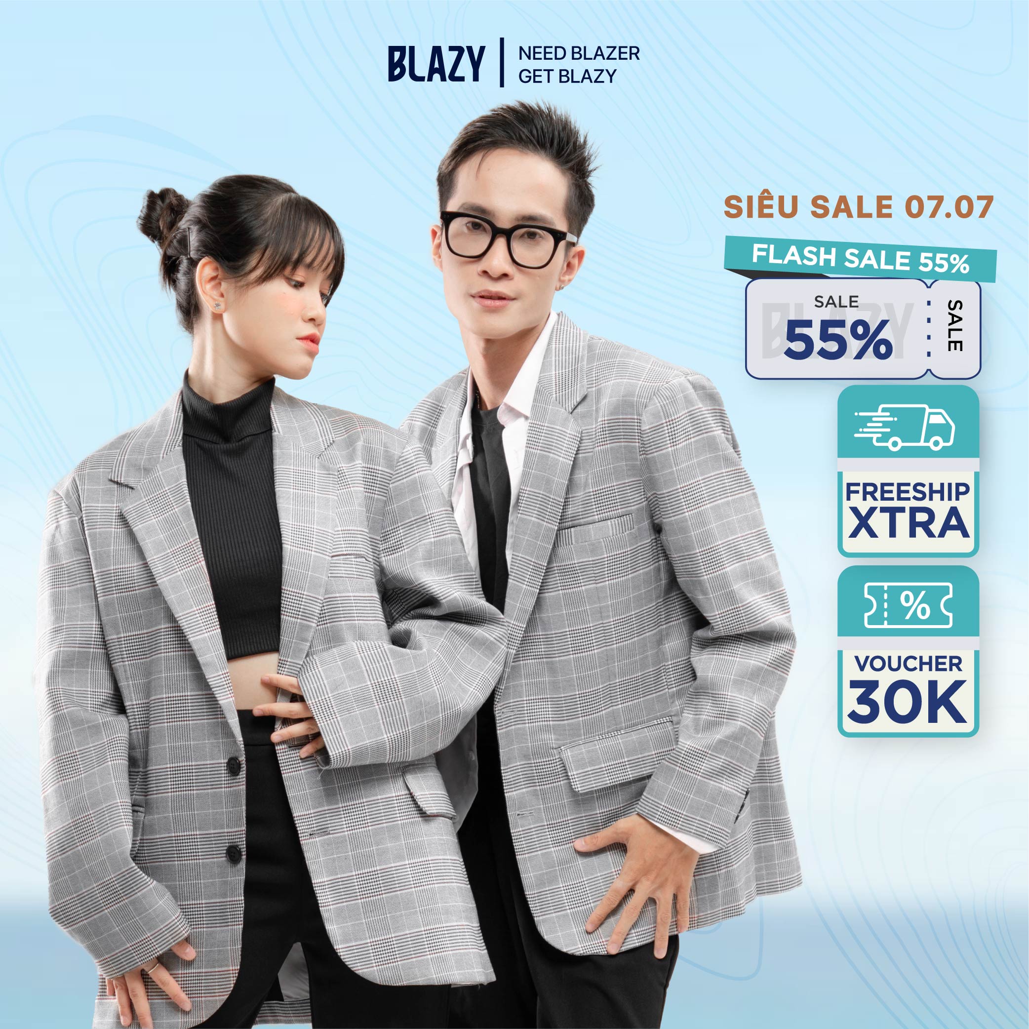 Áo Khoác Blazer Nam Nữ Sọc Caro Tay Dài BLAZY - Màu Xám Tro