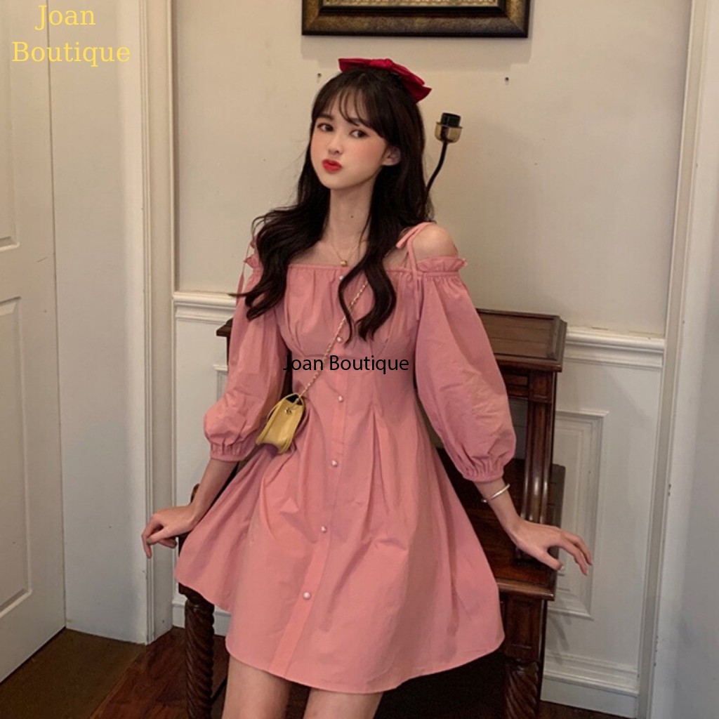 Đầm xòe trễ vai hồng