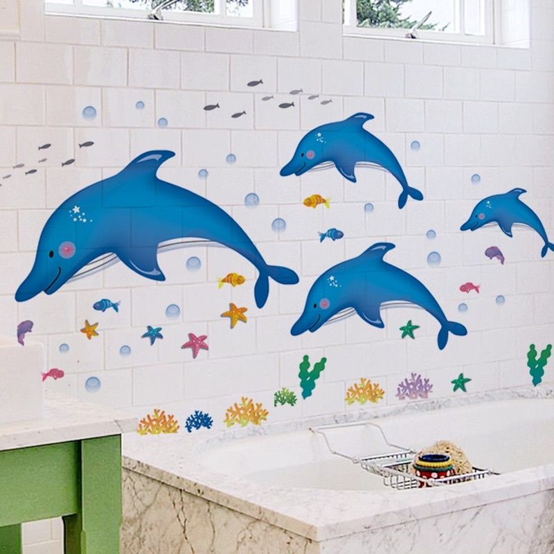Decal dán tường đàn cá heo vui nhộn dán phòng tắm
