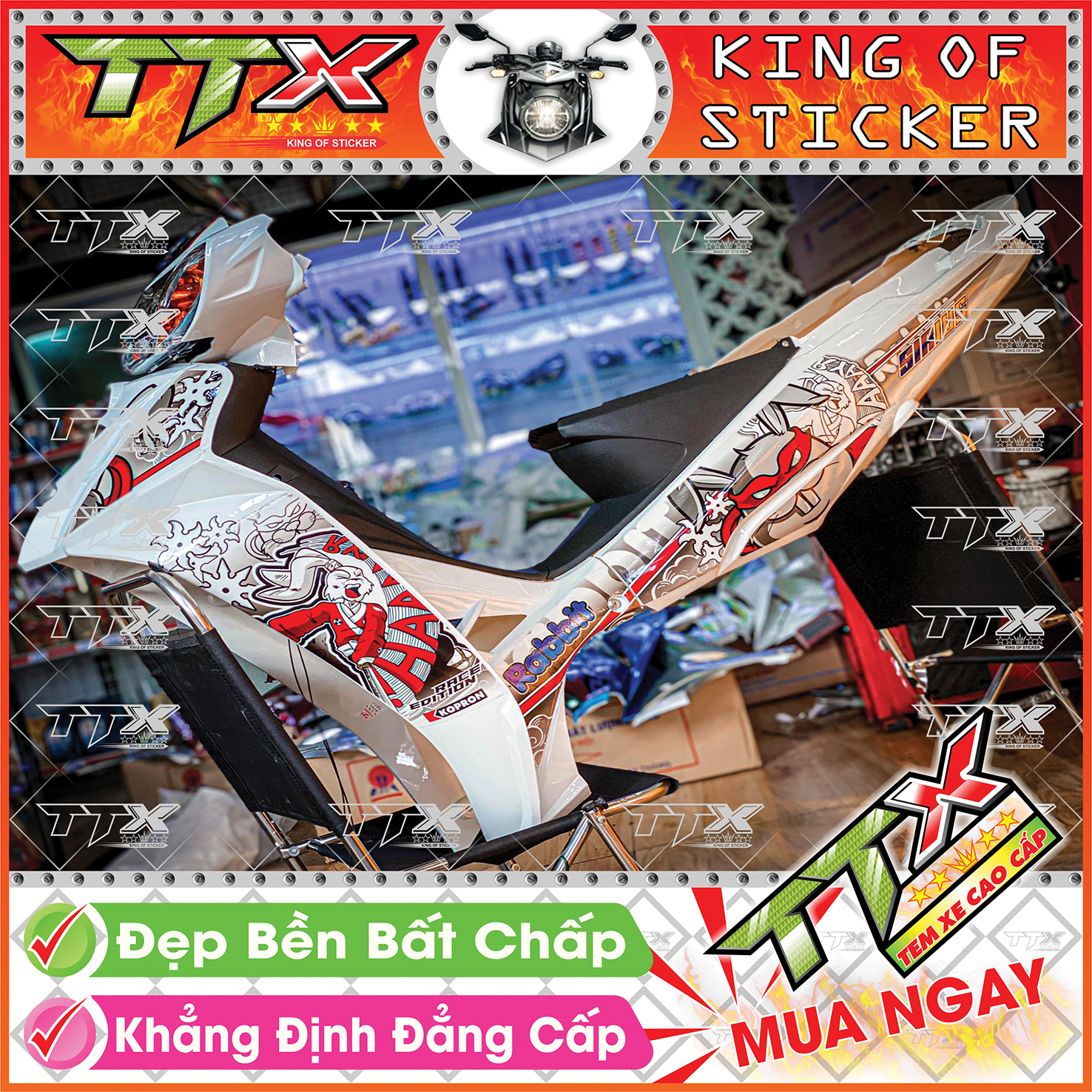 Tem Xe Sirius Trắng Xám Đỏ Rabbits Hahaha - Tem Sirius Đỏ trắng Siêu Đẹp - Mẫu Team Sirius Trắng Xám Đỏ