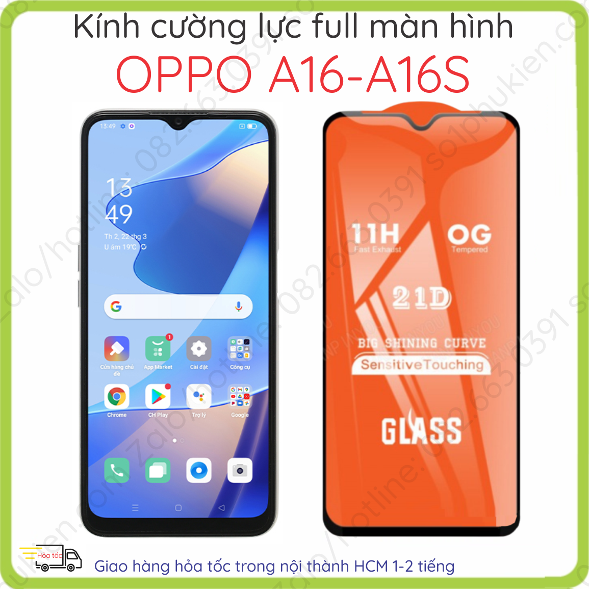 Kính cường lực full màn hình Oppo A16 / A16s trong suốt, không chấm liti