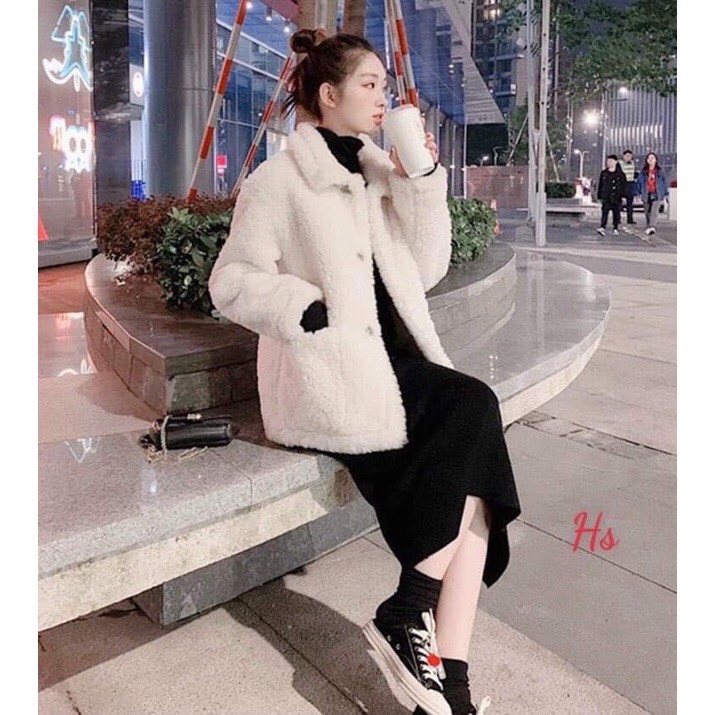 Sét váy đầm len xẻ sau +áo khoác lông HS