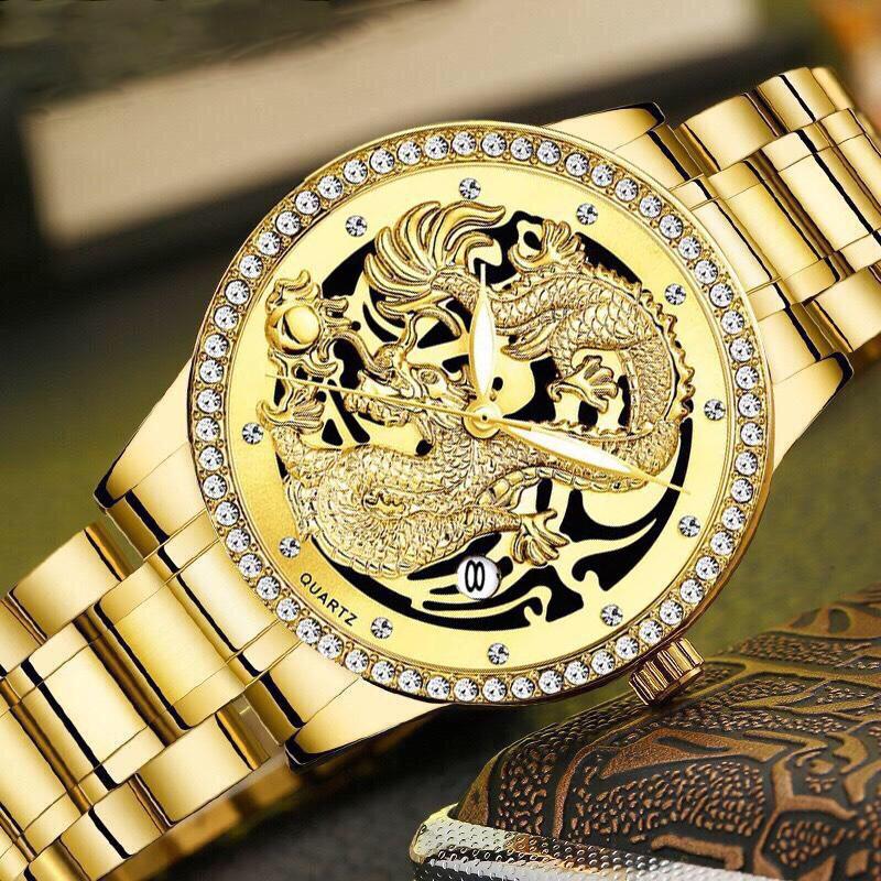 SIÊU PHẨM ĐỒNG HỒ NAM HÌNH RỒNG VÀNG XOÀN 3D tặng pin NEW