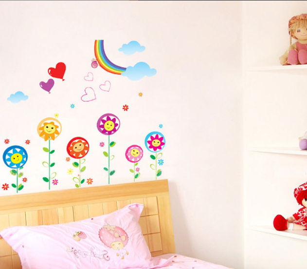 HCM Decal trang trí tường Hoa sắc màu và cầu vòng