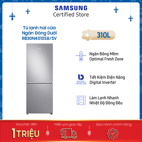 [VOUCHER upto 1 triệu] [Trả góp 0%]Tủ lạnh Samsung hai cửa Ngăn Đông Dưới 310L (RB30N4010S8/SV) chính hãng