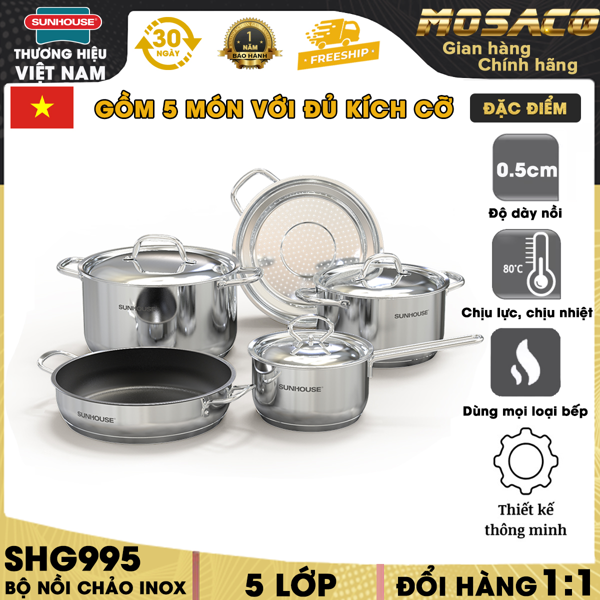 Bộ 5 món nồi chảo inox Sunhouse SHG995 gồm 2 nồi, 1 chảo, 1 quánh