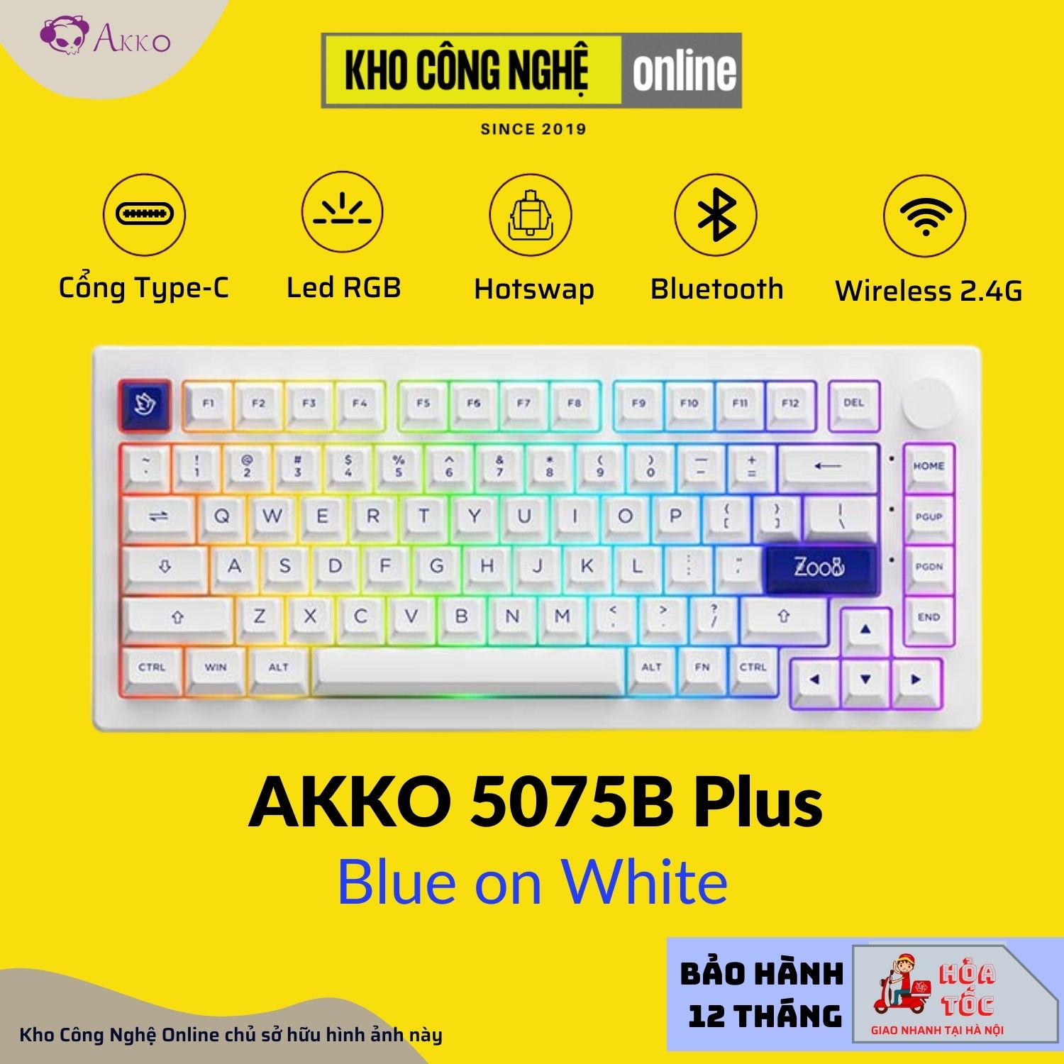Bàn phím cơ AKKO 5075B Plus Blue on White (Multi-modes / RGB / Hotswap / Gasket mount)