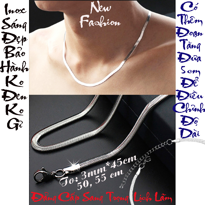 Dây chuyền inox kiểu mì dẹp đẹp lấp lánh - Bảo hành vĩnh viễn không đen không gỉ - Tạo nên vẻ đẹp cá tính, lịch lãm cho người đeo
