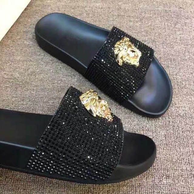 Dép da đính đá đen nam