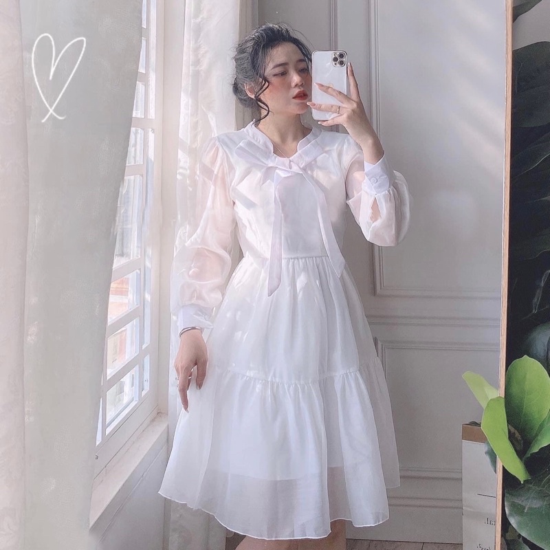 Đầm váy tầng nơ cổ tay dài 2 màu