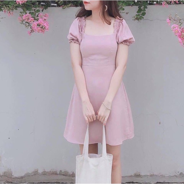 Đầm cổ u tay bo 2 màu