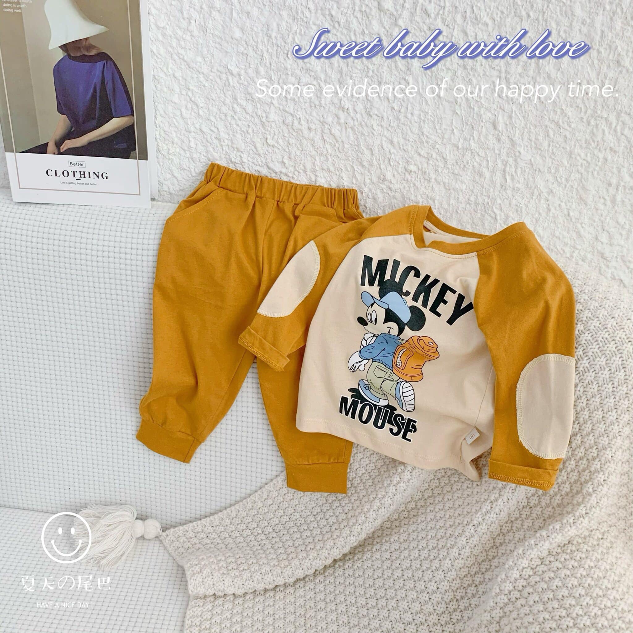 Bộ cotton thu đông Mickey cho bé