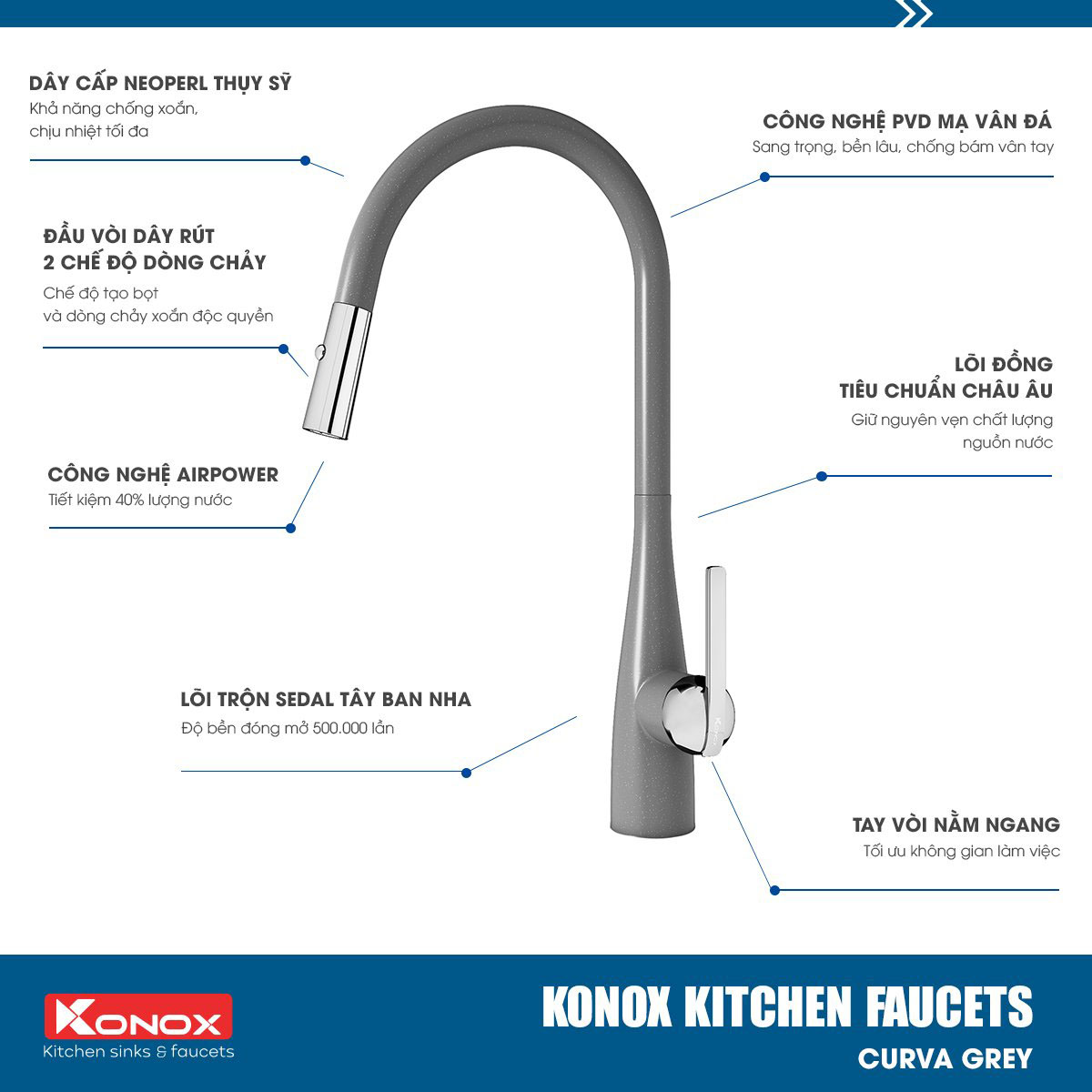 Vòi rửa bát dây rút Konox Curva Chrome