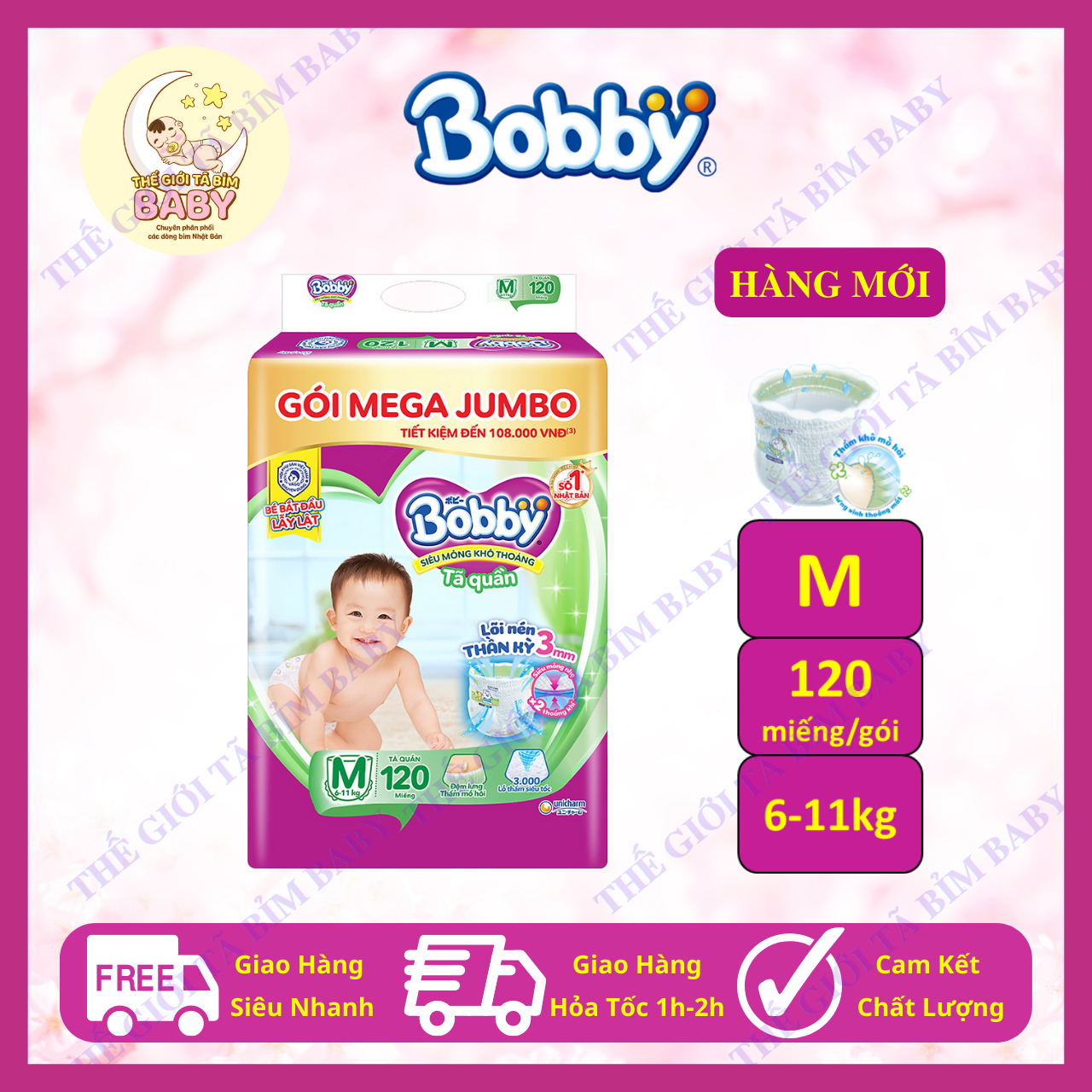 [HÀNG MỚI] Tã Quần Bobby Mega Jumbo size M 120 miếng