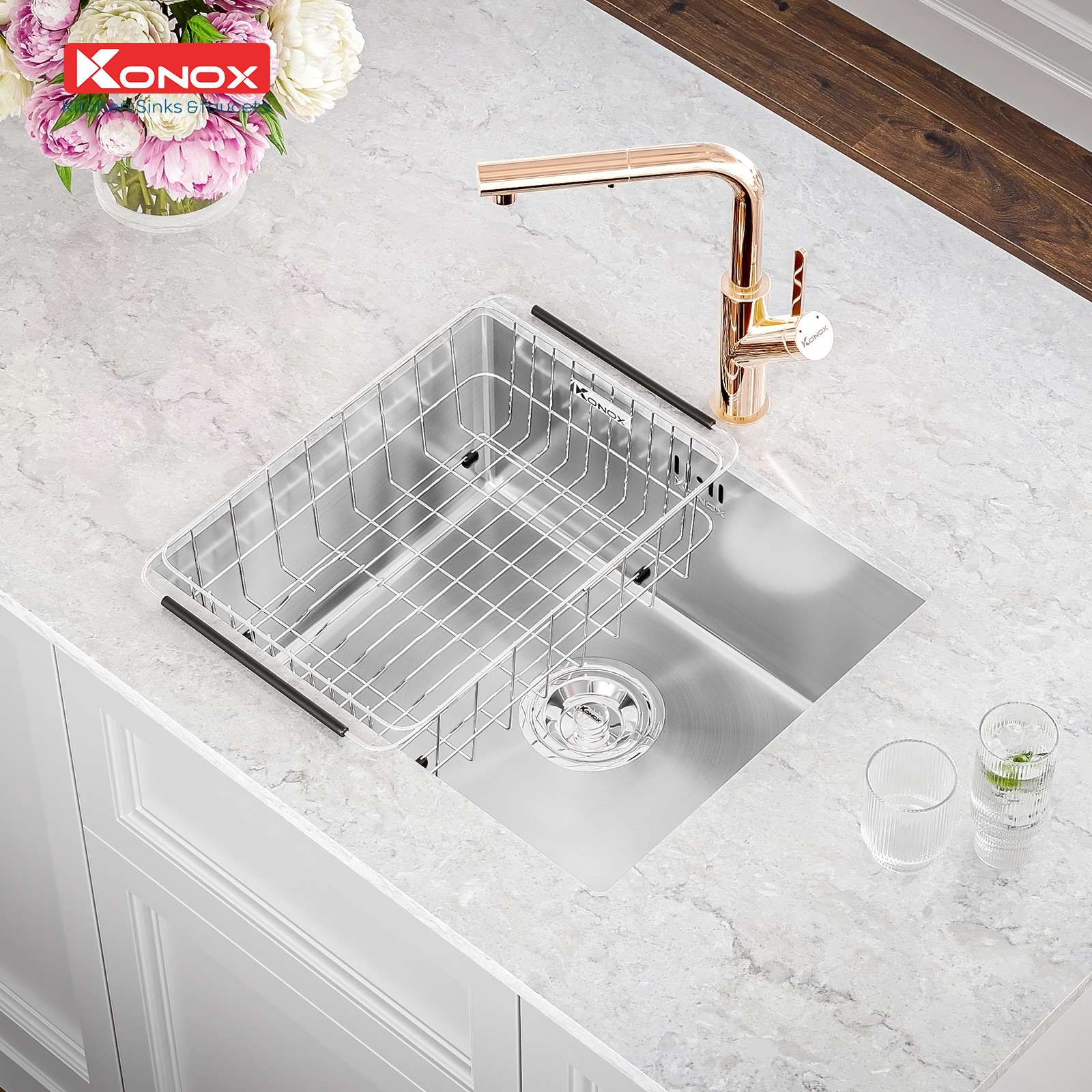 Chậu rửa bát inox 1 hố lắp âm Konox Cube 5444SU