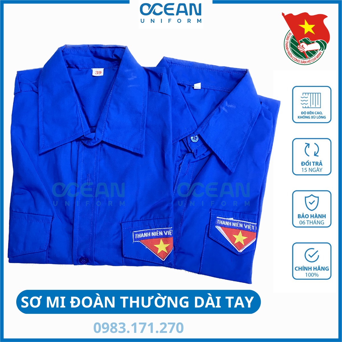 Áo Sơ Mi Đoàn Thường Dài Tay Nam Nữ ,Vải PangZim Liên Doanh ,Logo Dệt [OCEAN UNIFORM]