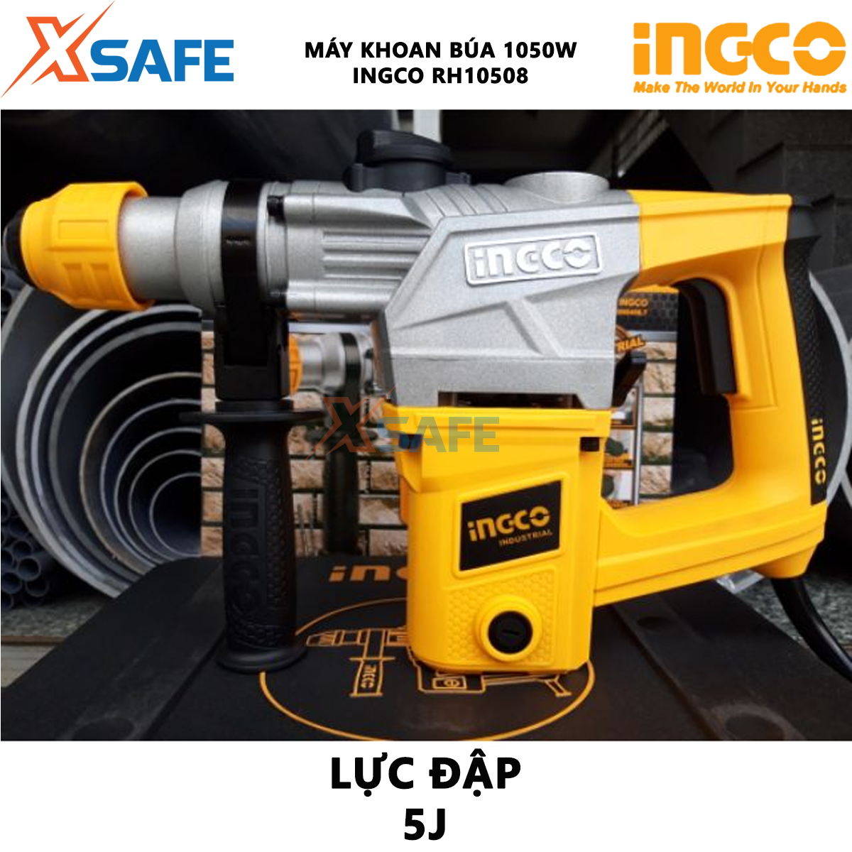Máy khoan cầm tay 3 chức năng 1050w Ingco RH10508 đầu khoan gài sds, tốc độ 900rpm; tốc độ đập 4000bpm, lực đập 5j, khả năng khoan bê tông 28 mm, đục 14mm, thép 13mm, kèm 3 mũi khoan gài, 2 mũi đục Máy khoan đục bê tông