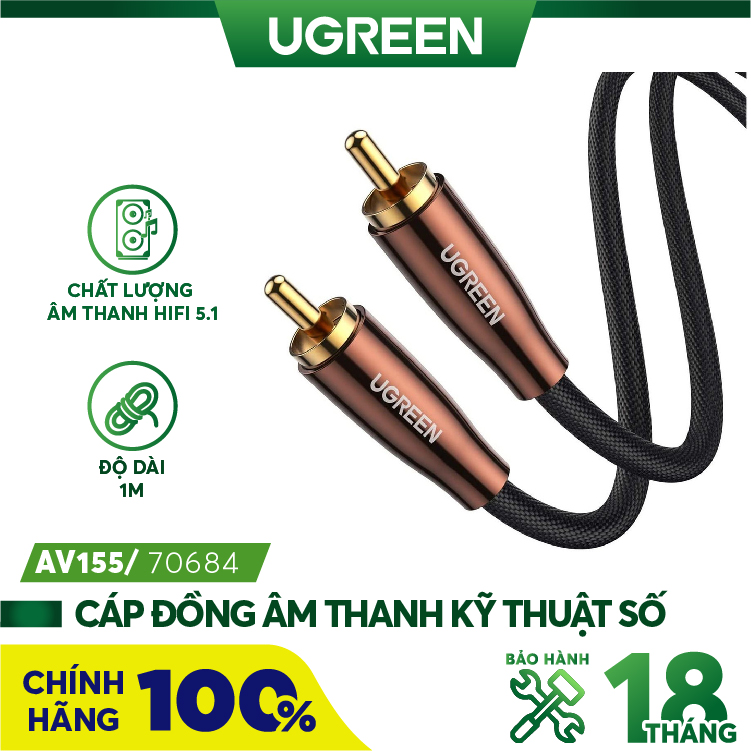Cáp âm thanh audio coaxial rca to rca bọc nynol dài 1m ugreen 70684 cao cấp