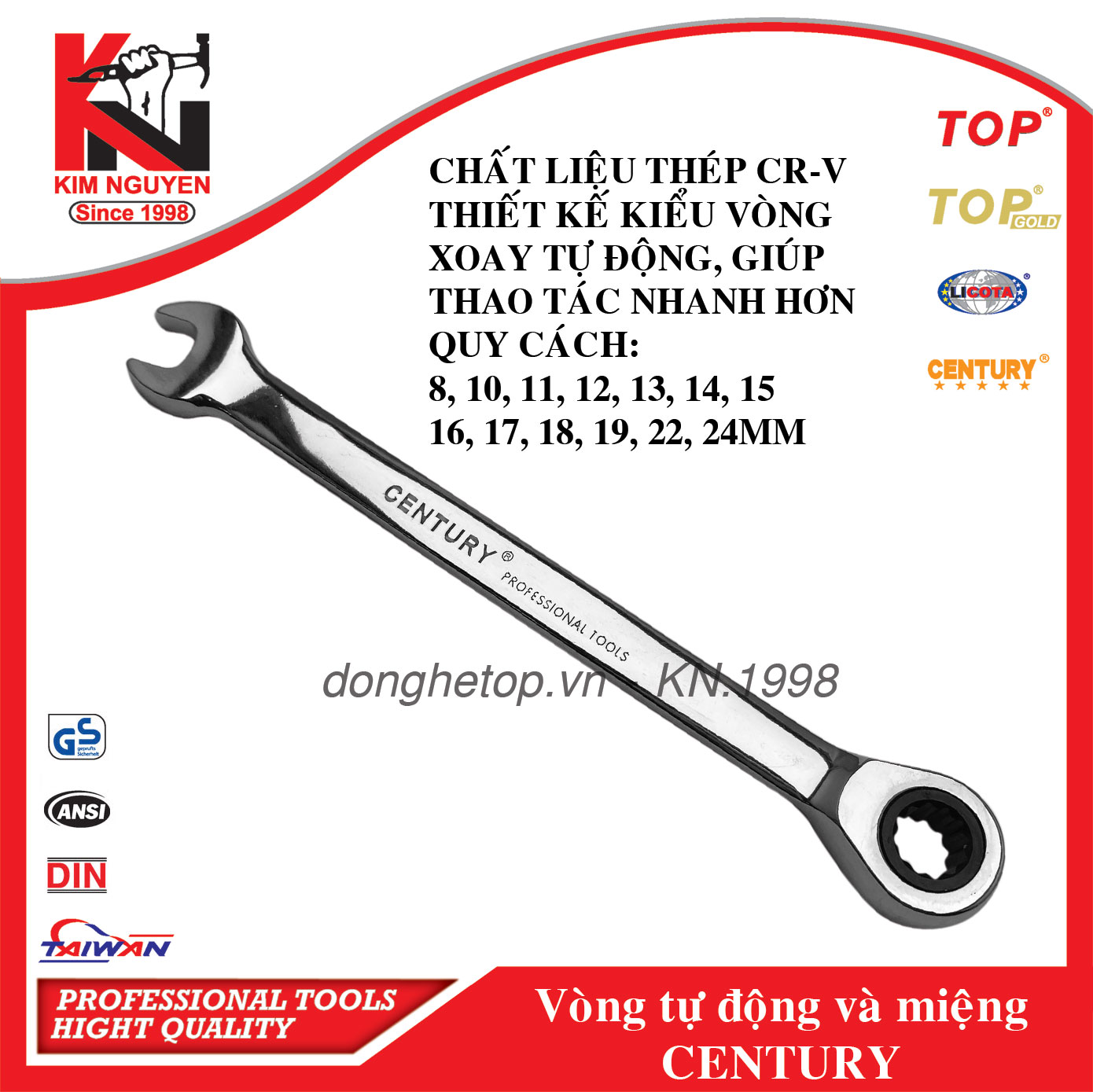Chìa khóa cờ lê 1 bên vòng tự động và miệng Century đủ size