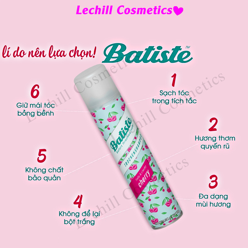 Dầu Gội Khô Batiste Dry Shampoo 200ml-[Original,Cherry,Bush,Fresh,Beautiful brunette,Divine dark,Oriental,Tropical]