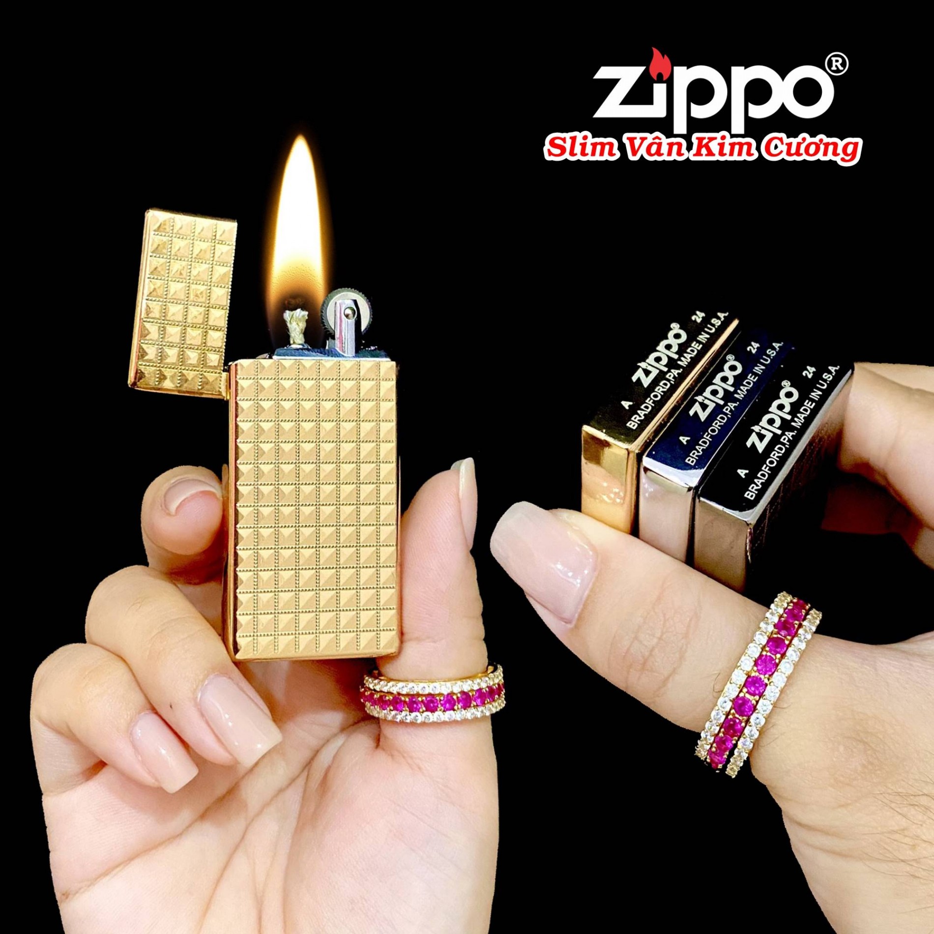 bật lửa zippo vân kim cương slim - xài gas