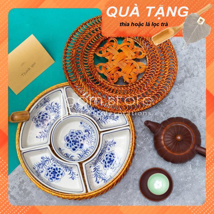 Khay mứt tết sứ Bát Tràng vỏ khay mây đan thủ công (Tổng hợp họa tiết 01)