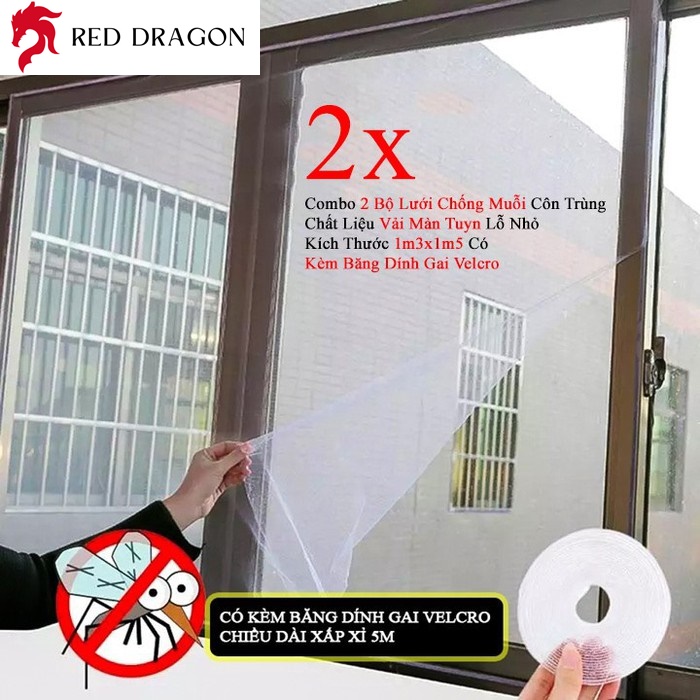 Reddragon Combo 2 Bộ Lưới Chống Muỗi Côn Trùng Chất Liệu Vải Màn Tuyn Lỗ Nhỏ Kích Thước 1m3x1m5 Có Kèm Băng Dính Gai Velcro