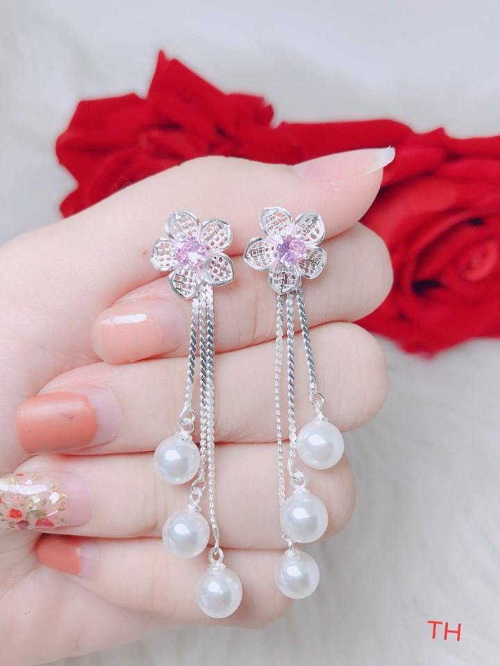 Bông tai bạc gắn 3 hạt trai thả dài MS88