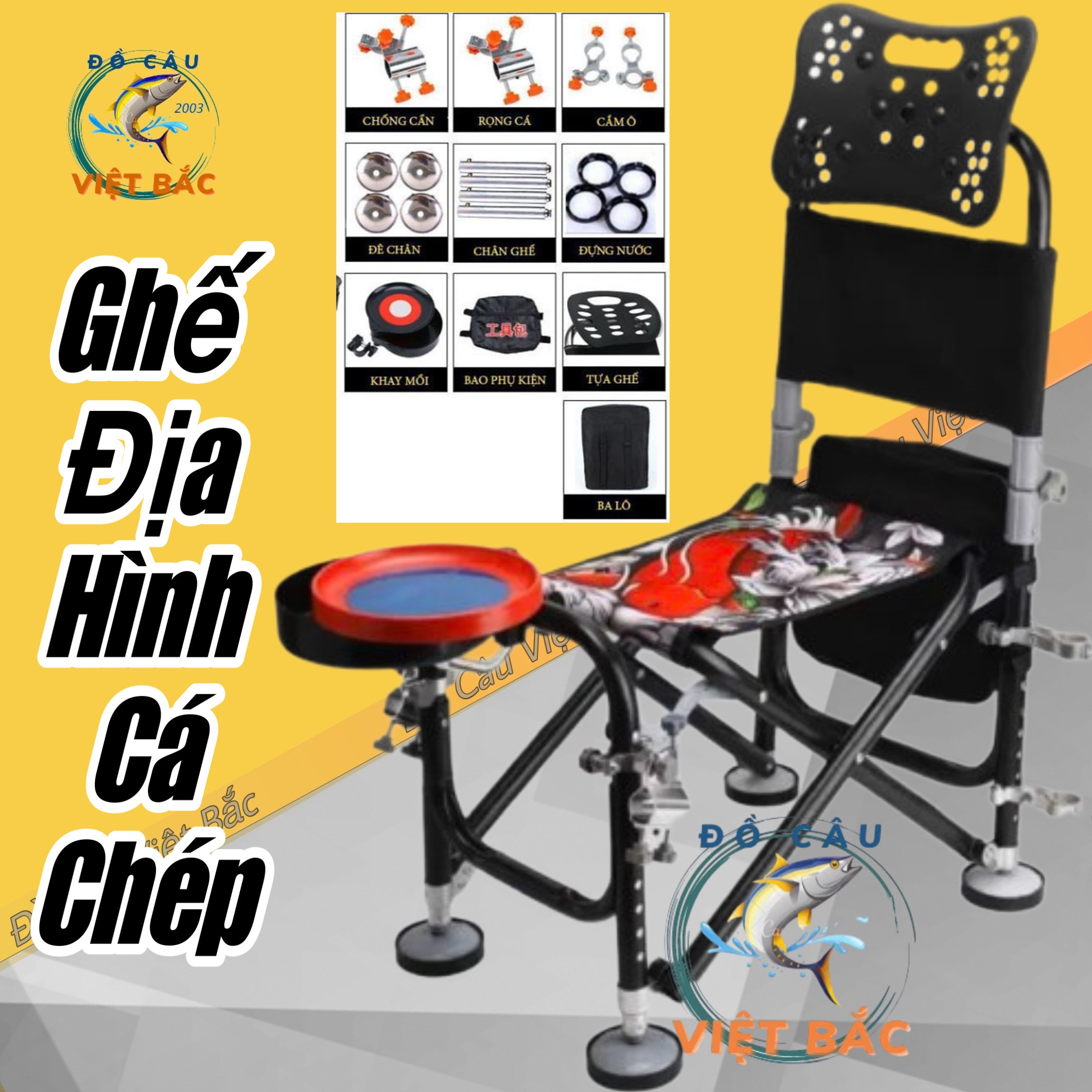Ghế câu đài hình cá chép tựa cao chân đen ghế câu cá địa hình gồm đầy đủ phụ kiện đồ câu việt bắc
