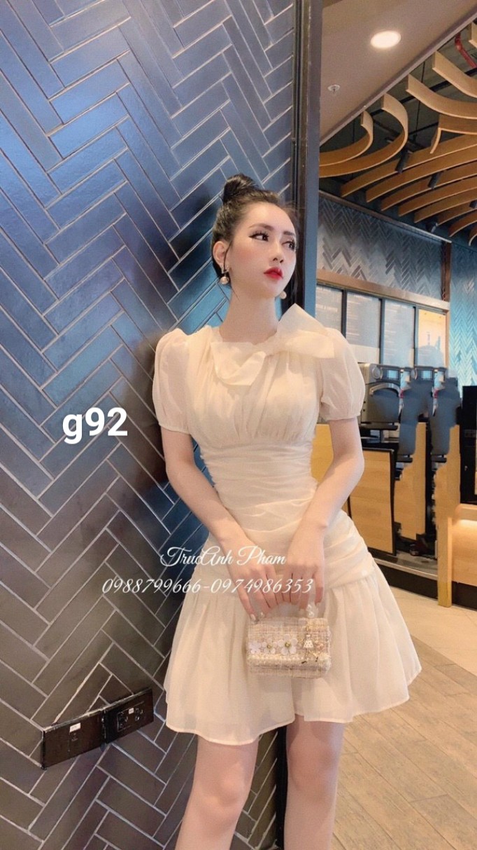 Đầm nữ cổ tròn cột nơ cổ tay ngắn tay phồng chít eo dáng xòe