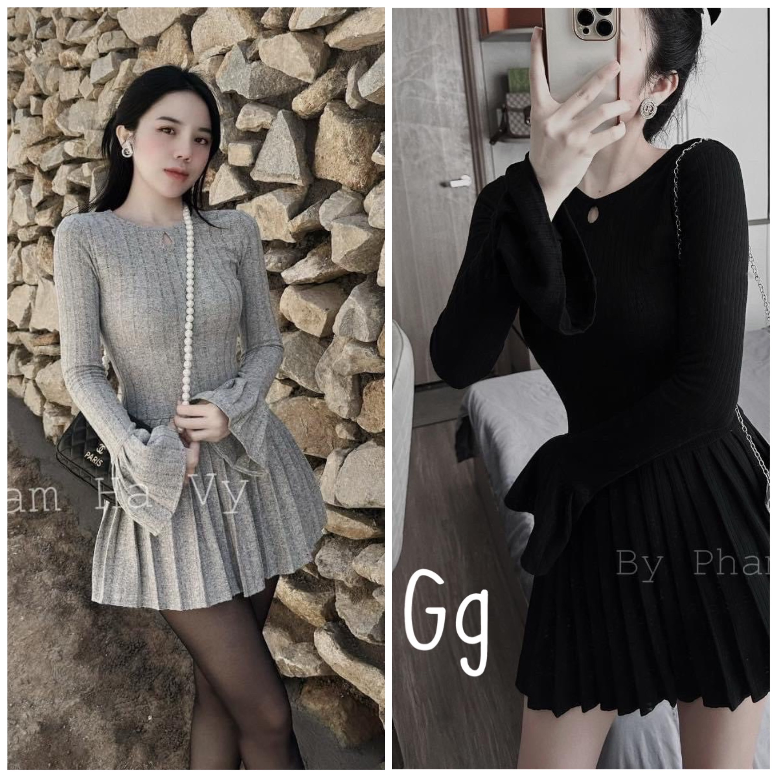 Đầm xòe tay dài khoét giọt nước váy xếp ly sang trọng , đầm mặc tết go38734