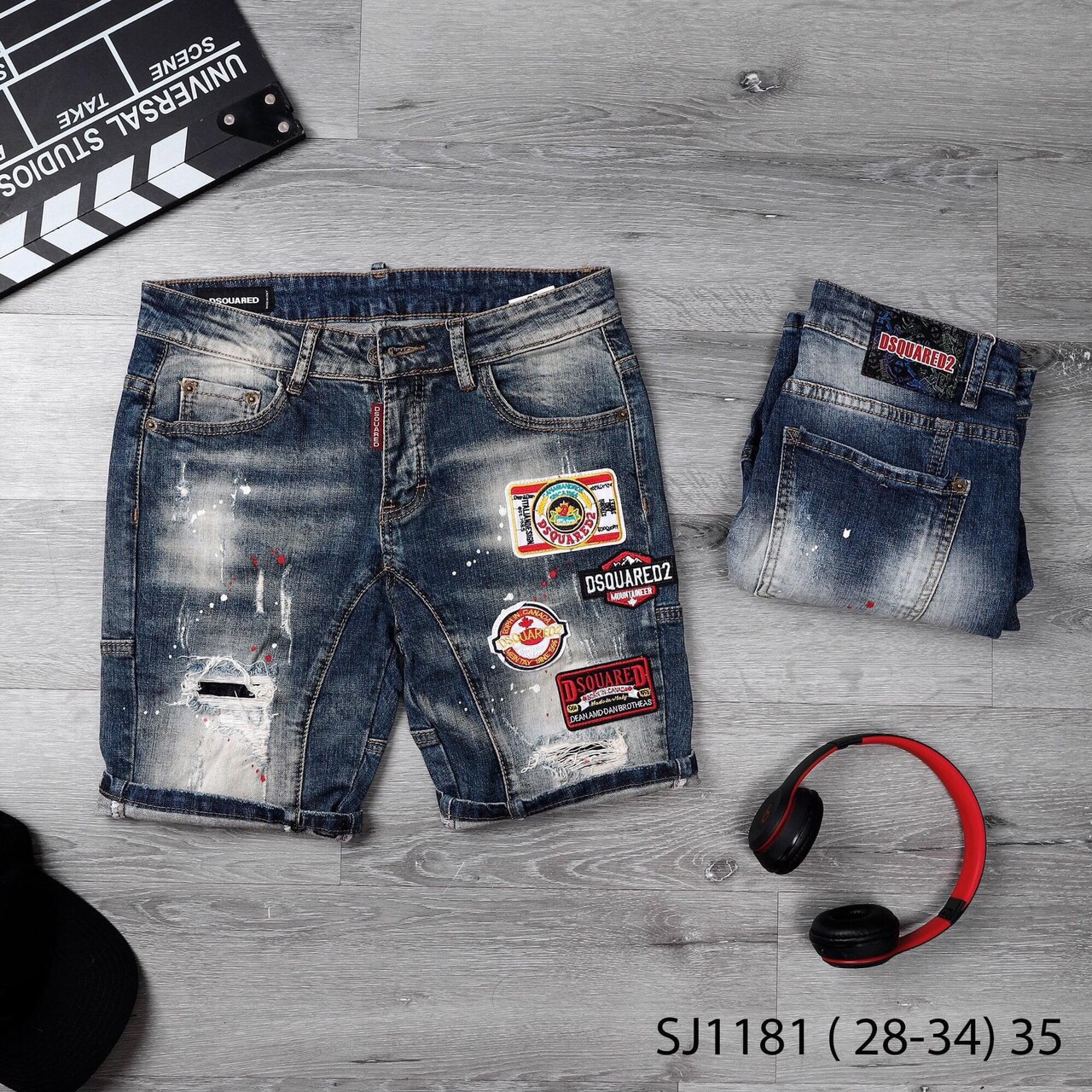 [FREESHIP + ẢNH THẬT + VIDEO] Quần short jean nam đen vá đỏ rách sướt nhẹ và chấm sơn đẹp thêu LOGO thời trang cao cấp hàng chuẩn shop