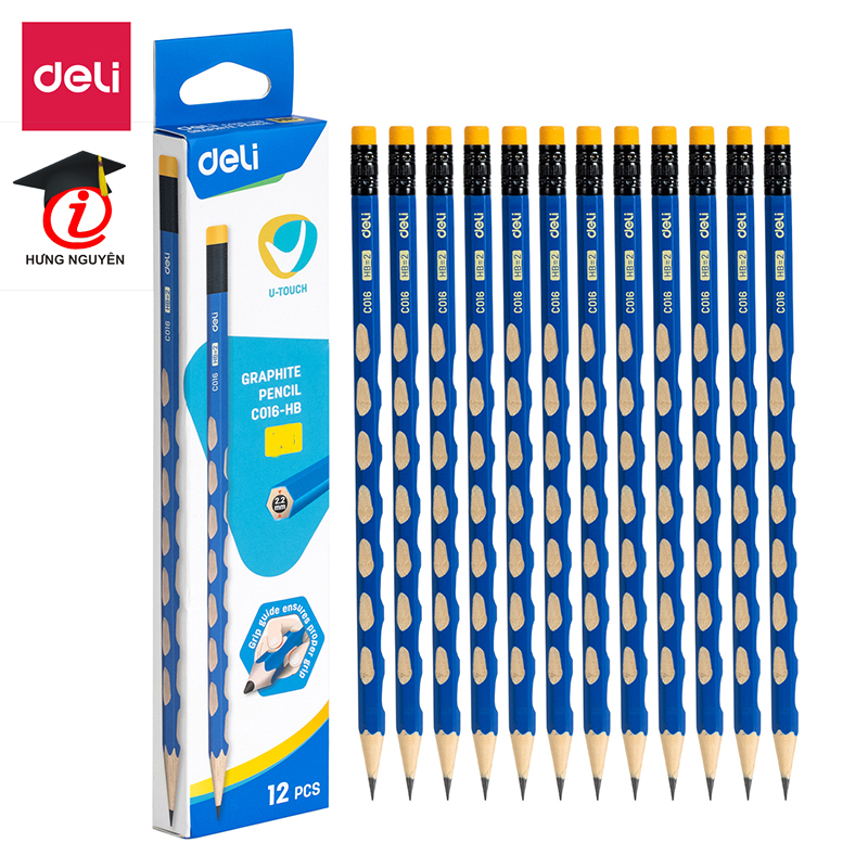 Hộp 12 bút chì deli định vị 2b kèm tẩy thân lục giác c016-2b.