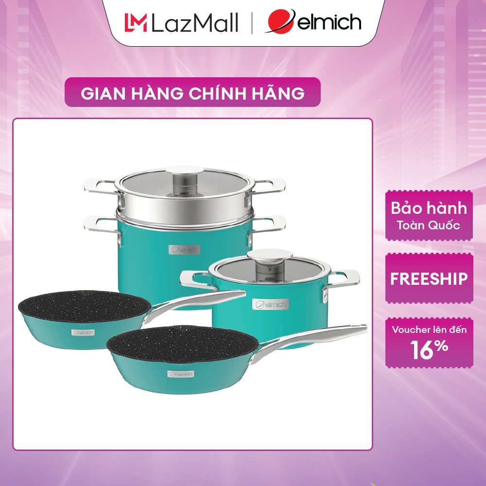 Bộ nồi inox liền khối elmich hera el-8134 size 18, nồi hấp 22 chảo 20, chảo 26cm