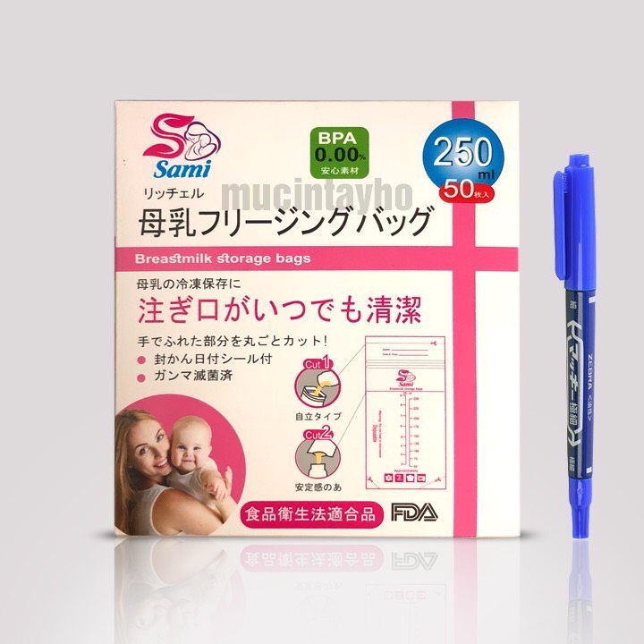 Túi trữ sữa Sami 250ml Nhật bản - Hộp 50 Túi tặng kèm bút lông dầu