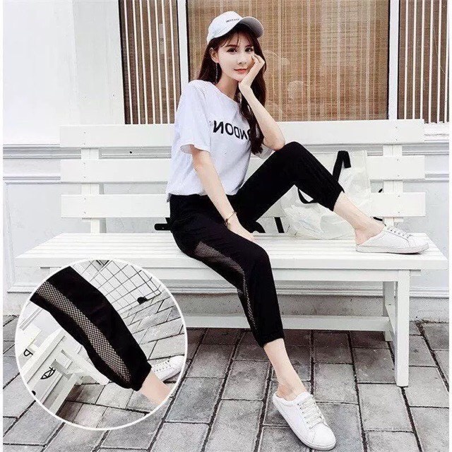 Quần Jogger đũi phối lưới- Thời trang 4 mùa