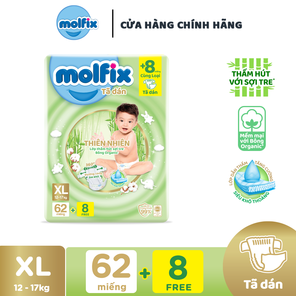 Tã/bỉm dán molfix thiên nhiên super jumbo xl - gói 48+8 miếng