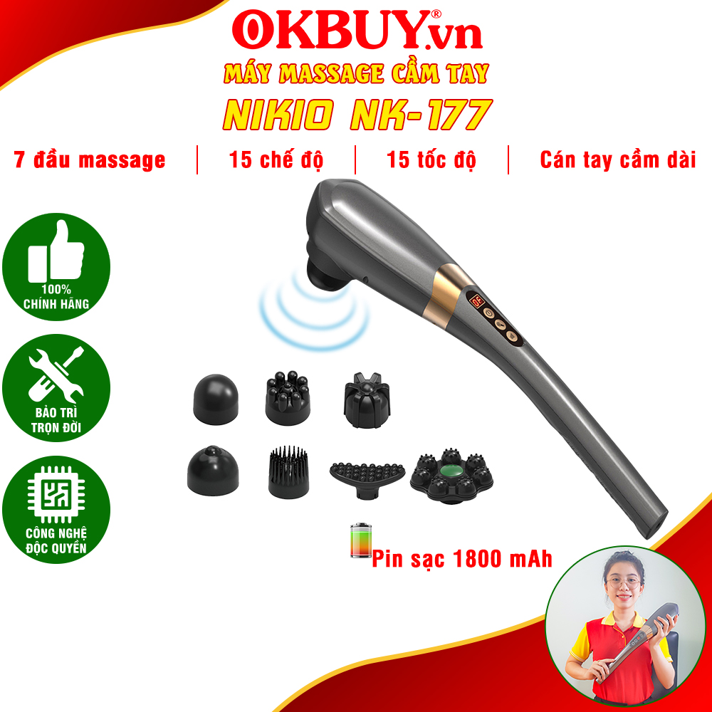 Máy massage cầm tay, máy đấm lưng, máy mát xa cầm tay 7 đầu pin sạc nikio nk-177 - 15 chế độ và 15 tốc độ mát xa - dòng cao cấp| okbuy