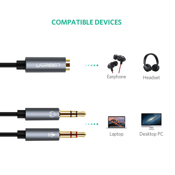Cáp Gộp Audio 3.5mm 2 Vào 1 Ra Ugreen 20899 , 50255 (Mic và Headphone) Chính Hãng