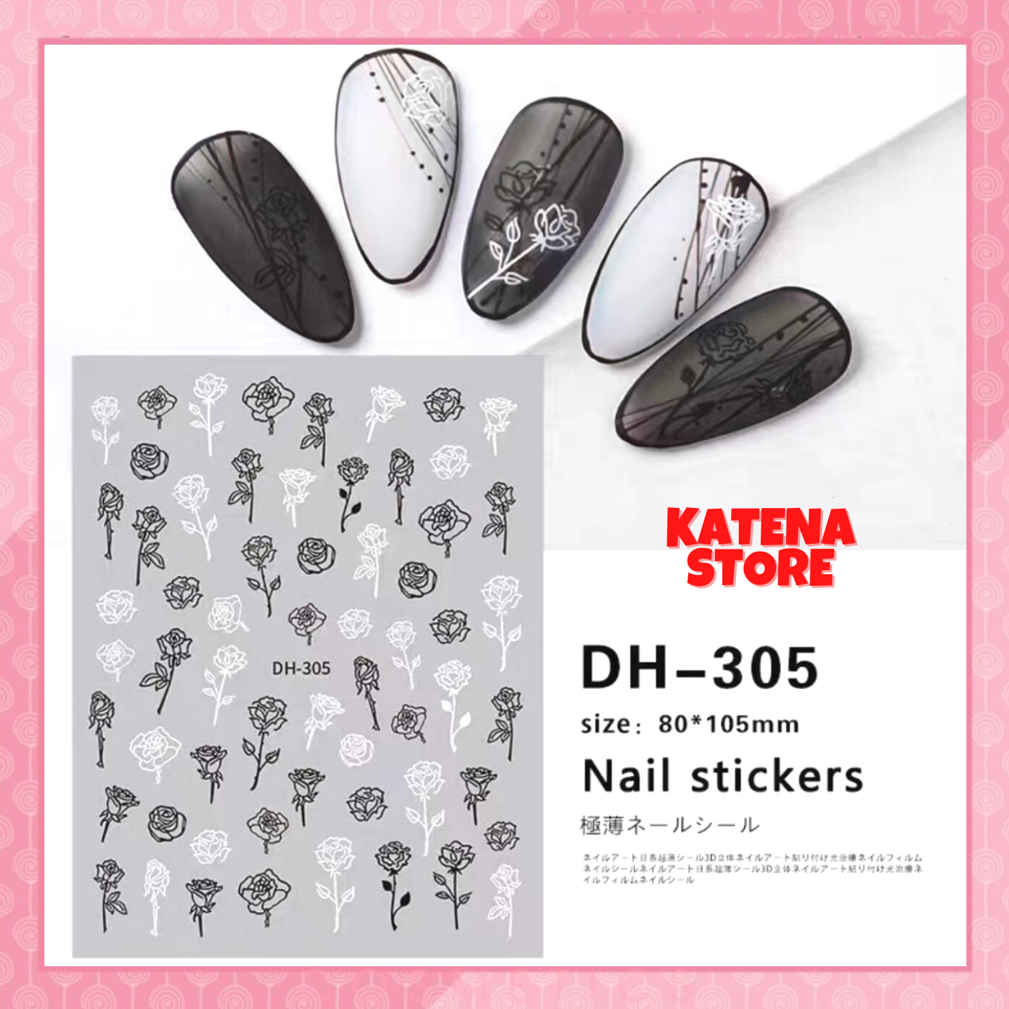 Sticker dán móng tay 3d dạng decal dán chống nước, hoạ tiết hoa hồng trắng, đen