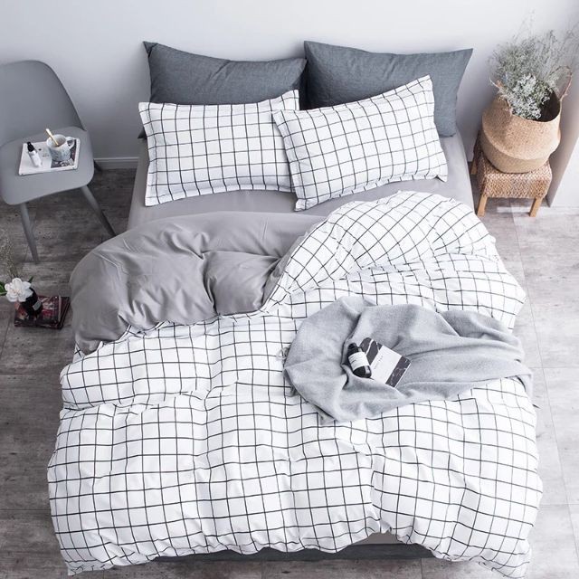 Cotton Poly Bộ Chăn Ga Gối Caro Trắng