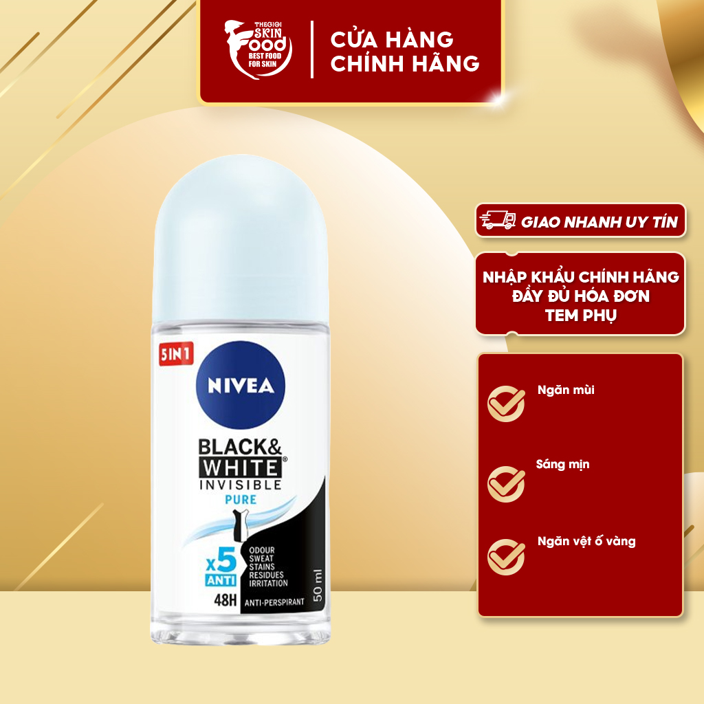 Lăn khử mùi dưỡng da sáng mịn, ngăn vệt ố vàng nivea black & white invisible pure anti-perspirant roll on 50ml