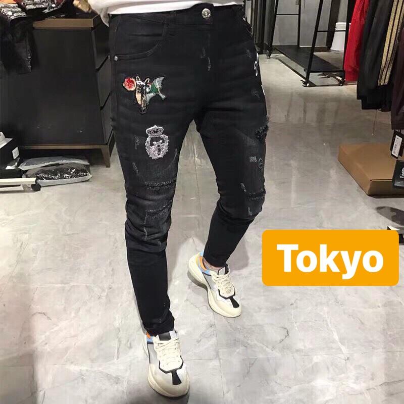 QUẦN BAGGY JEAN NAM CHẤT BÒ ĐEN THÊU MÈO NHỎ HOA HỒNG HOT NHẤT HÈ TK-450 CAO CẤP - TOKYO FASHION