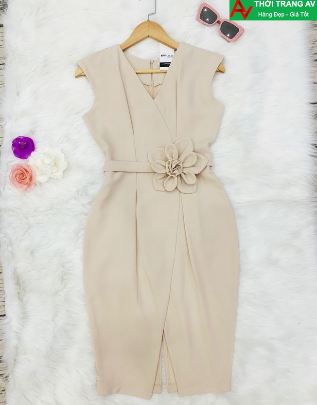 AV6459 - Đầm ôm body cổ V đính nơ eo lịch lãm