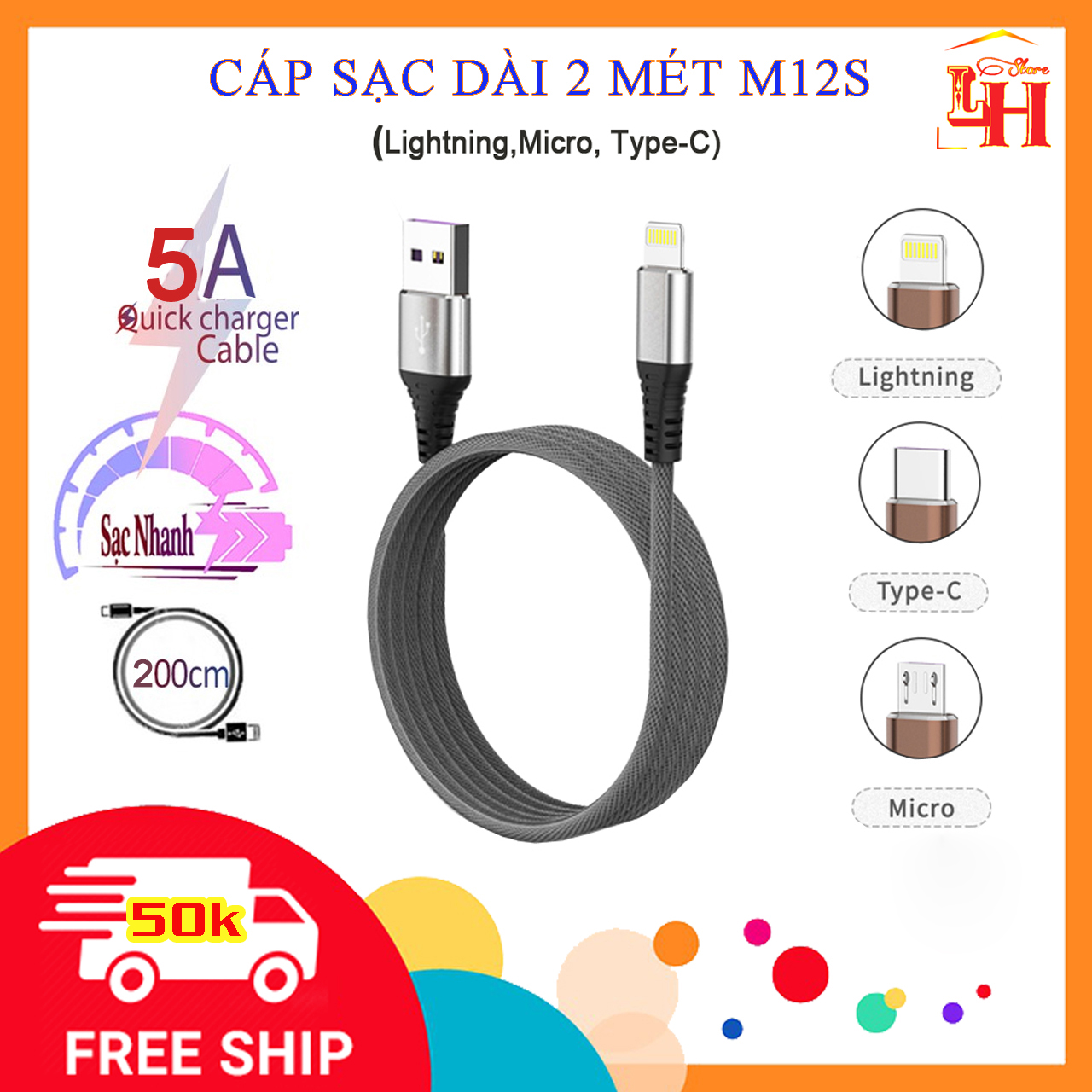 Cáp Sạc 2 mét dây dù M12s chính hãng SD Design, dây sạc dài 2m hỗ trợ sạc nhanh xạc chống đứt dùng cho các điện thoại samsung, oppo xiaomi, iphone, bảo hành 12 tháng 1 đổi 1