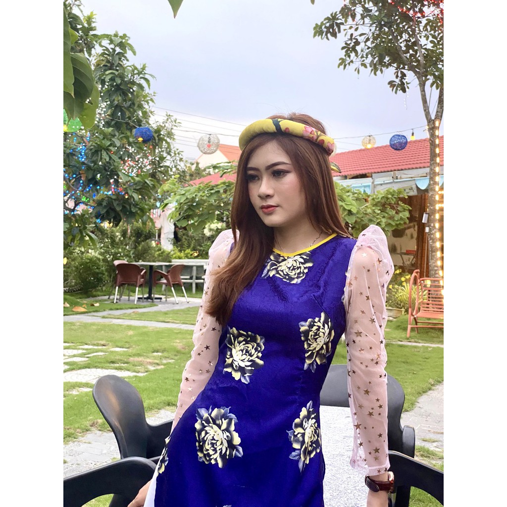 Áo dài cách tân gấm hoa hoa hồng nền xanh bích, sản phẩm tốt với chất lượng, độ bền cao và được cam kết sản phẩm y như hình