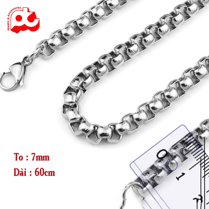 [Hoàn tiền 6%]Dây chuyền nam inox thời trang kiểu bông dừa khít trangsucpt kích cỡ 7mm màu trắng thép không gỉ PTDCNA191
